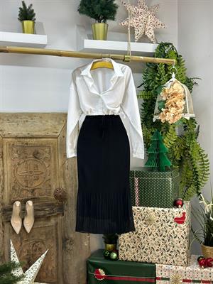 Astarlı Beli Bağlama Detaylı Pliseli Şifon Midi Boy Etek 