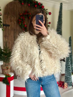 Astarlı Peluş Kürk Mont Krem