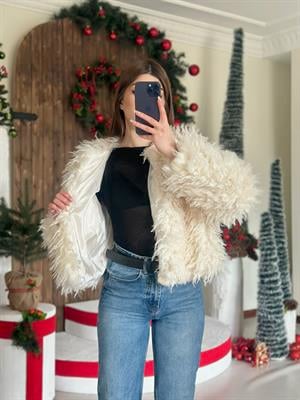 Astarlı Peluş Kürk Mont Krem