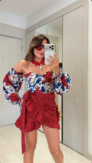 Atlas Kumaş Balon Kol Gipeli Bluz Anvelop Etek İkili Takım