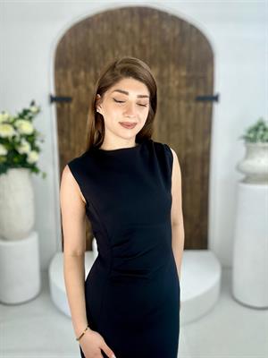 Atlas Kumaş Bel Drapeli Midi Boy Elbise Siyah