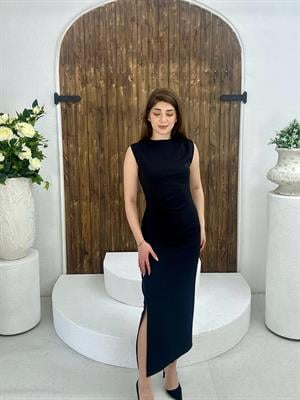 Atlas Kumaş Bel Drapeli Midi Boy Elbise Siyah