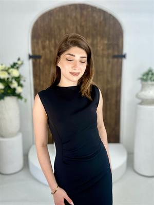 Atlas Kumaş Bel Drapeli Midi Boy Elbise Siyah