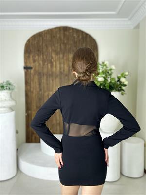 Atlas Kumaş Beli Transparan Tül Detaylı Fermuarlı Ceket Yaka Elbise