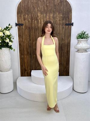 Atlas Kumaş Boyundan Düğmeli Uzun Kalem Elbise Sarı 