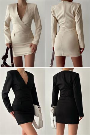 Atlas Kumaş Ceket Yaka Tasarım İki Renk Elbise