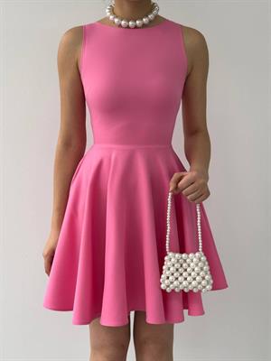 Atlas Kumaş Cepli Kloş Tasarım Elbise Pembe