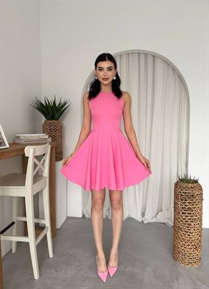 Atlas Kumaş Cepli Kloş Tasarım Elbise Pembe