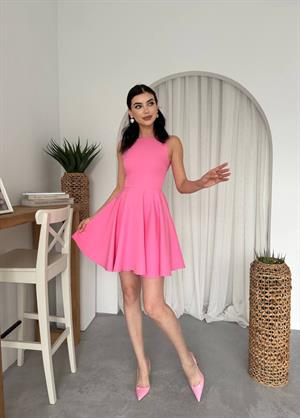 Atlas Kumaş Cepli Kloş Tasarım Elbise Pembe