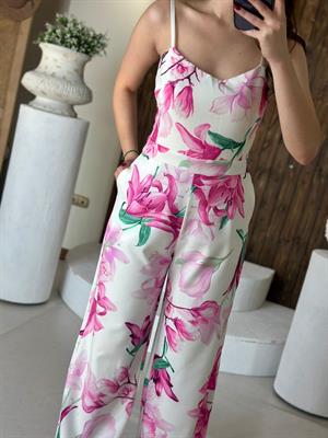 Atlas Kumaş Çiçek Desen Askılı Tulum