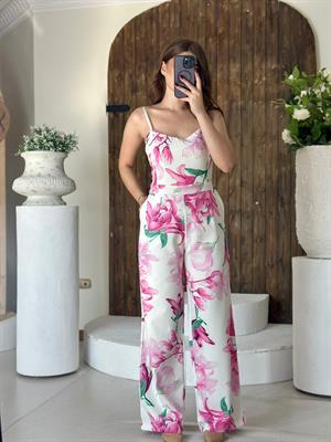 Atlas Kumaş Çiçek Desen Askılı Tulum