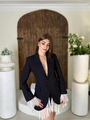 Atlas Kumaş Dantel Detaylı Ceket Elbise