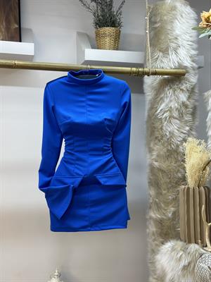 Atlas Kumaş Dik Yaka Kol İspanyol Detay Mavi Elbise 