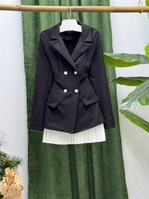 Atlas Kumaş Eteği Beyaz Pile Detay Ceket Elbise