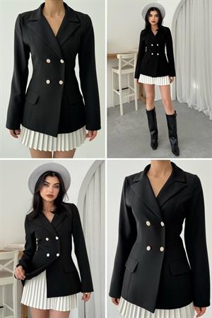 Atlas Kumaş Eteği Beyaz Pile Detay Ceket Elbise