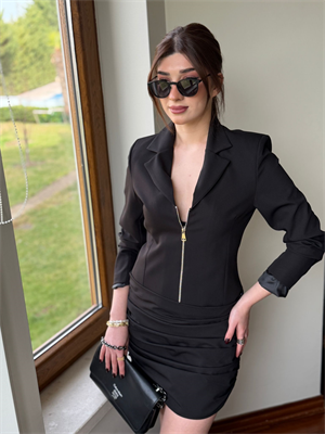 Atlas Kumaş Fermuar Detay Uzun Ceket Drapeli Etek İkili Takım 