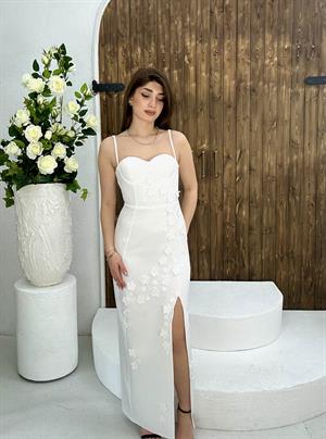 Atlas Kumaş Gloplu Çiçek Detay Uzun Tasarım Elbise Beyaz