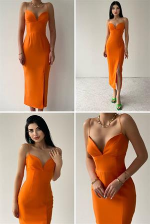 Atlas Kumaş İnce Askılı Yırtmaçlı Kalp Yaka Kalem Elbise