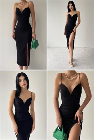 Atlas Kumaş İnce Askılı Yırtmaçlı Kalp Yaka Kalem Elbise