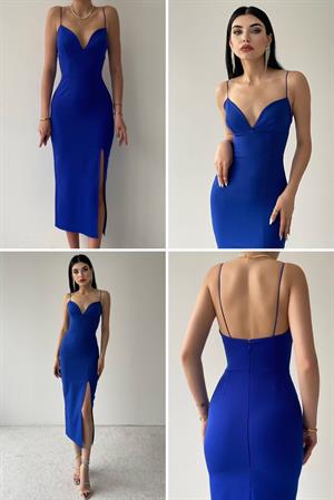 Atlas Kumaş İnce Askılı Yırtmaçlı Kalp Yaka Kalem Elbise