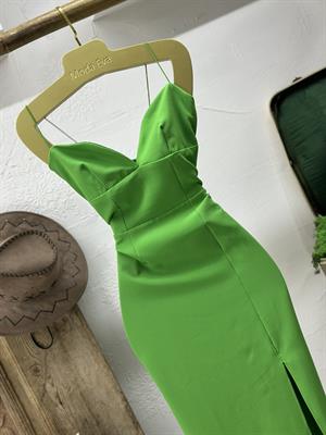 Atlas Kumaş İnce Elastik Askılı Kalp Yaka  Kalem Elbise