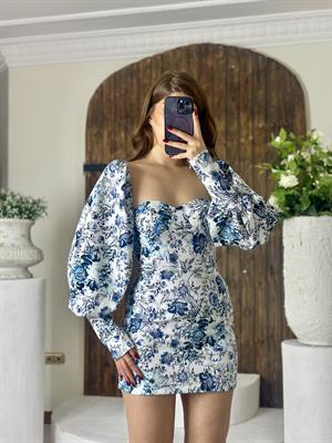 Atlas Kumaş Kalp Yaka Balon Kol Tasarım Elbise