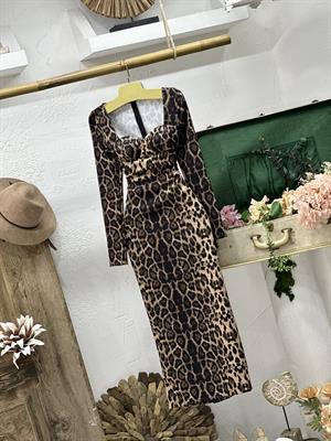 Atlas Kumaş Kalp Yaka Leopar Desen Kalem Elbise