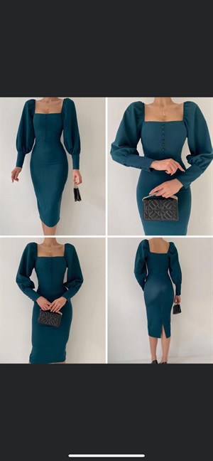 Atlas Kumaş Kaplama Düğmeli Kalem Elbise