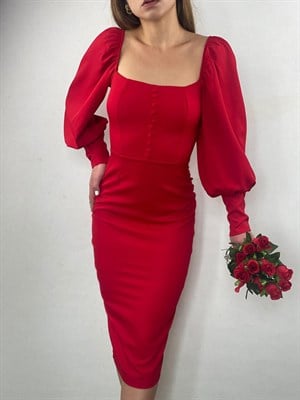 Atlas Kumaş Kaplama Düğmeli Kalem Elbise