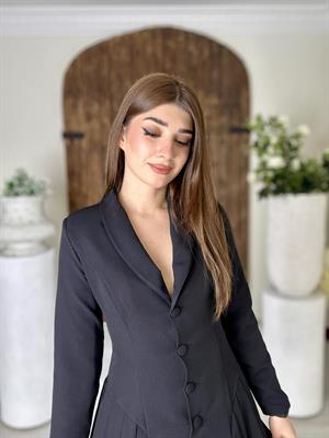 Atlas Kumaş Kaplama Düğmeli Pileli Ceket Elbise