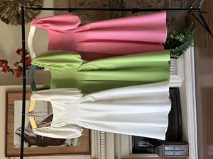 Atlas Kumaş Karpuz Kol Kare Yaka Renkli Midi Boy Elbise