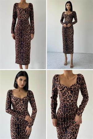 Atlas Kumaş Leopar Desen Glop Dikişli Uzun Kalem Elbise 