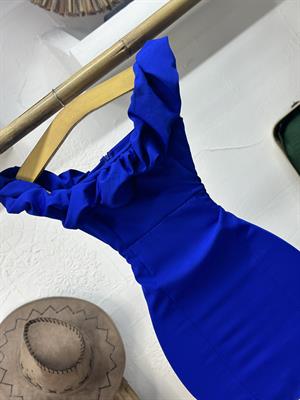 Atlas Kumaş Omuzlar Volanlı Tasarım Mini Elbise