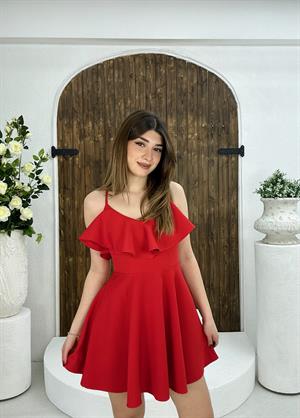Atlas Kumaş Sırt Çapraz Volanlı Kırmızı Elbise