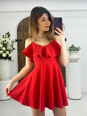Atlas Kumaş Sırt Çapraz Volanlı Kırmızı Elbise