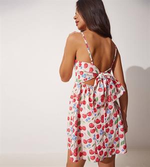 Atlas Kumaş Sırt Detay Askılı Kiraz Desen Elbise