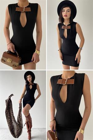 Atlas Kumaş Yaka Kemer Detaylı Tasarım Elbise