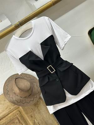 Atlas ve İki İplik Kumaş Ceket Görünümlü Tasarım Bluz 