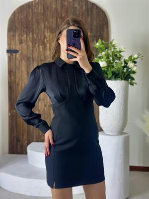 Atlas ve Organze Kumaş Sırt Dekolteli Tasarım Elbise Siyah