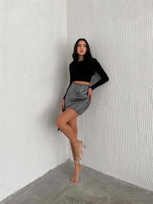 Ayna Payet Beli Lastikli Astarlı Likralı Mini Etek 