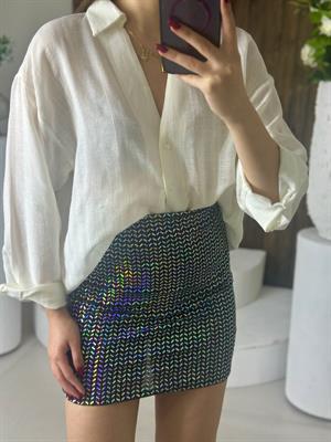 Ayna Payet Dikdörtgen Desen Beli Lastikli Etek Gümüş