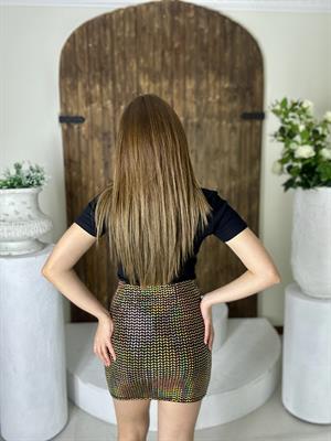 Ayna Payet Dikdörtgen Desen Beli Lastikli Etek Gold