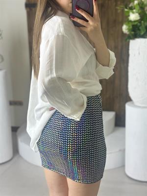 Ayna Payet Dikdörtgen Desen Beli Lastikli Etek Gümüş