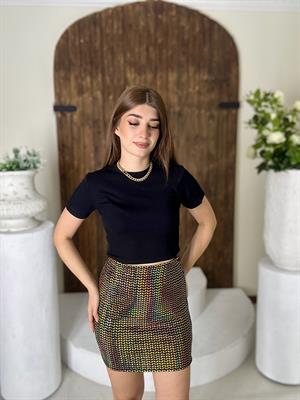 Ayna Payet Dikdörtgen Desen Beli Lastikli Etek Gold