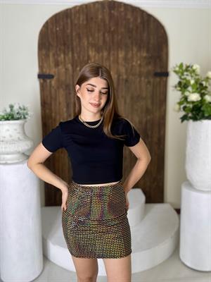 Ayna Payet Dikdörtgen Desen Beli Lastikli Etek Gold