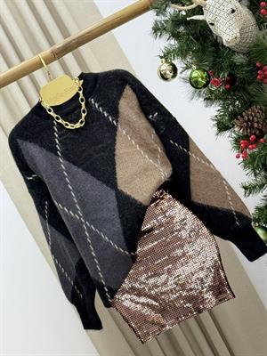 Ayna Payet Kare Desen Beli Lastikli Bakır Astarlı Etek 