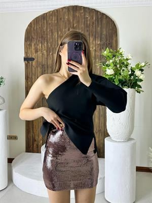 Ayna Payet Kare Desen Beli Lastikli Bakır Astarlı Etek 