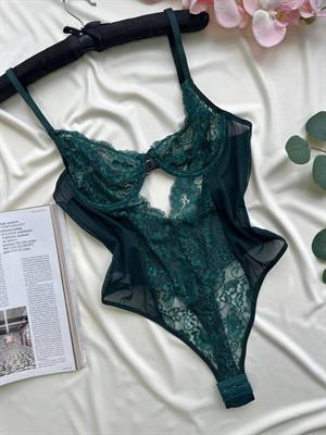 Balenli Tül Bodysuit Yeşil