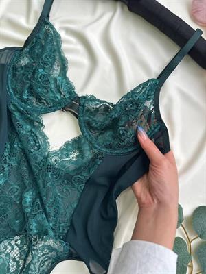 Balenli Tül Bodysuit Yeşil