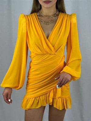 Balon-Kol-Drapeli-Fırfırlı-Tasarım-Elbise